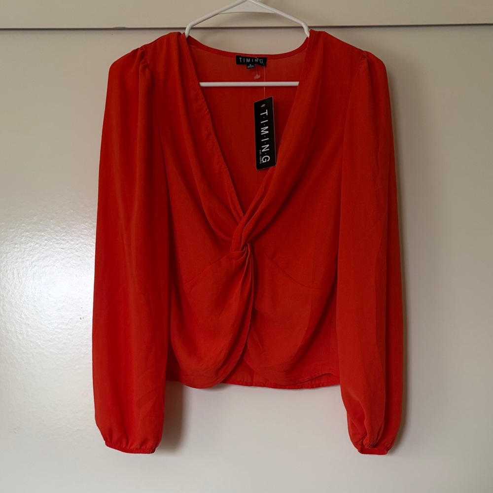 Timing Vibrant Red- orange Twist-Front Long Sleeve Blouse